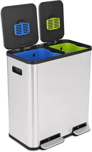 Vista 13 de Cubo de basura rectangular de 70 litros/18.5 galones con pedal, sin contacto manual, doble compartimento para reciclaje de cocina, con tapa Acero