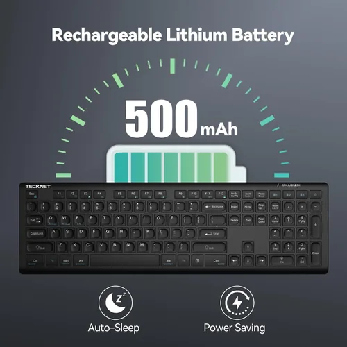 Vista 4 de TECKNET Teclado Bluetooth recargable, conmutación libre de 4 dispositivos (2.4G+BT), teclado inalámbrico ultradelgado de tamaño completo, escritura