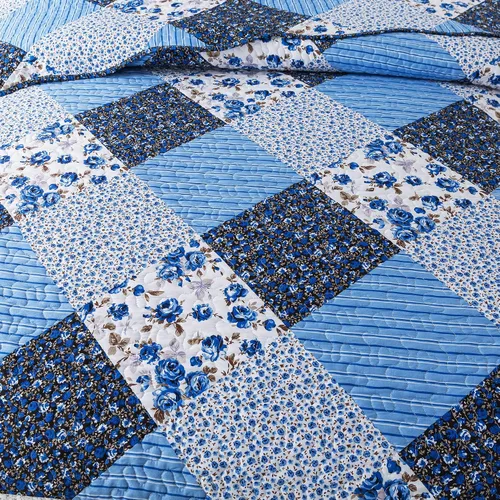 Vista 5 de Juego de cama de dos piezas, tamaño individual, de microfibra, reversible, de retazos, estilo floral, todas las estaciones, patrón de porcelana azul