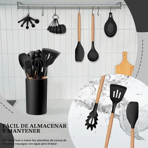 Vista 7 de Juego de utensilios de cocina HaWare, juego de espátulas de silicona de 23 piezas con soporte, utensilio de cocina con mango de madera resistente al