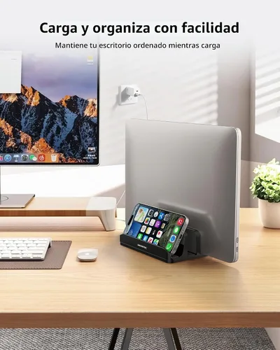 Vista 2 de Soporte vertical para portátil AboveTEK, soporte de escritorio de aluminio con 3 ranuras y base ajustable para tableta, MacBook, teléfono - Ajuste