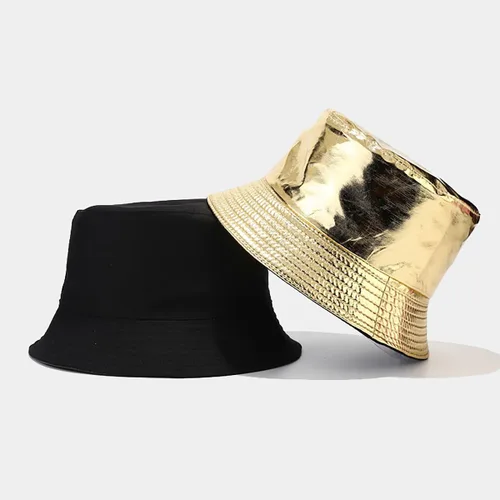 Vista 4 de yolrdiw Sombrero de cubo de cuero PU de moda unisex Gorra de pescadores impermeable reversible brillante