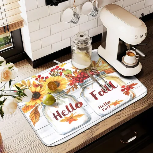 Vista 8 de Tapete de secado de platos de hojas de otoño y girasol, almohadilla absorbente de secado rápido, protector para encimera de cocina, 16 x 18 pulgadas