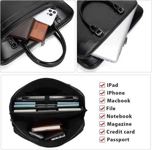 Vista 5 de Blofinche Bolso de mensajero para portátil con hombro: Maletín de trabajo de cuero genuino de 13.3 a 15.6 pulgadas, bolso de diseñador