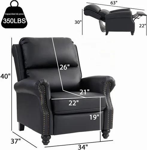 Vista 2 de CANMOV Sillón reclinable de piel sintética con decoración de remaches, sofá individual para sala de estar, color negro