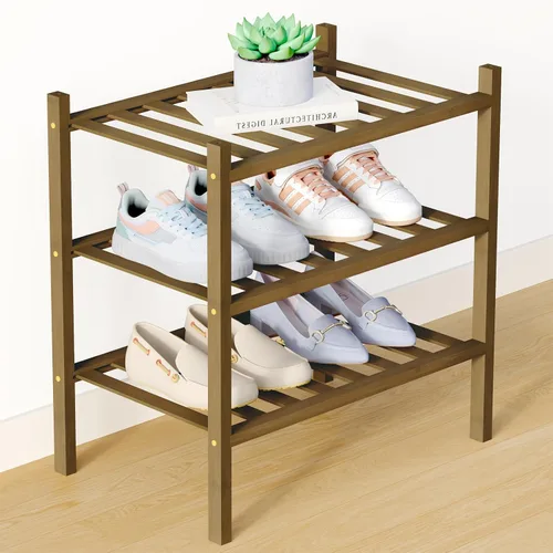 Vista 102 de Smiry Zapatero de bambú para armario, organizador de zapatos de madera de 3 niveles, estante apilable de almacenamiento de zapatos de madera