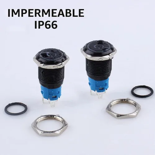Vista 5 de 2 piezas interruptor de botón pulsador con pestillo de 16mm, 12V-24V, encendido/apagado, 1NO 1NC, impermeable IP66, carcasa de metal negro con Azul