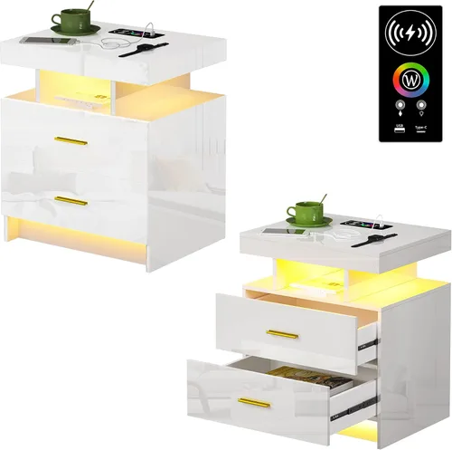 Vista 18 de HNEBC Mesita de noche negra con 3 cajones y estación de carga inalámbrica y negro (91016-1pcs-Black)