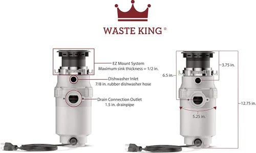 Vista 4 de Waste King L-1001 Triturador de basura con cable de alimentación, 1/2 HP y triturador de basura L-111 con cable de alimentación, 1/3 HP, gris