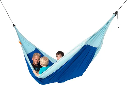 Vista 2 de LA SIESTA Hamaca Moki XXL para familia y niños, juego en interiores y exteriores, materiales fáciles de limpiar, algodón súper suave, a partir de 3