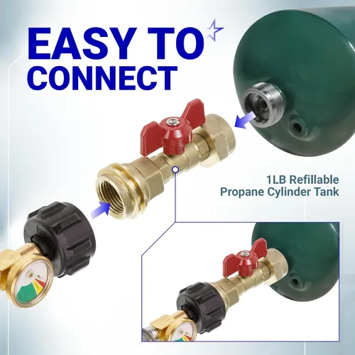 Vista 6 de BlueStars [100% latón sólido] Adaptador de tanque de propano de 20 libras a 1 libra con válvula, compatible con cilindro desechable de 1 libra/16.4