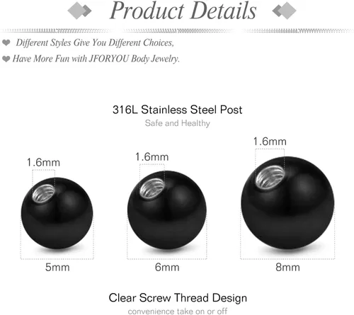 Vista 2 de JFORYOU Bolas de repuesto 14G para joyería de piercing, 18 unidades, bolas de acero quirúrgico roscadas externamente, barra industrial, lengua