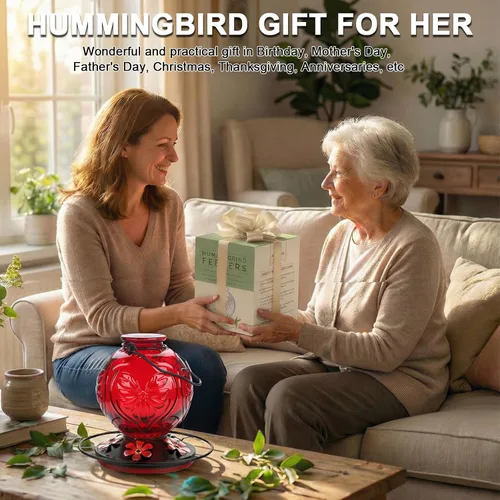 Vista 6 de Comedero de vidrio para colibríes para colgar al aire libre, comedero de néctar de colibrí de 25 onzas con perca y 5 puertos de alimentación de Rojo