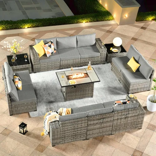 Vista 34 de ovios Juego de muebles de patio de 6 piezas, sofá seccional de mimbre para exteriores con mesa auxiliar, cómodos cojines, moderno sofá modular Beige