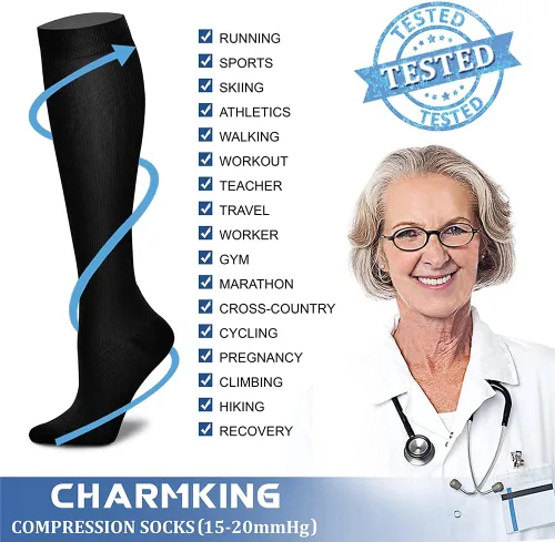 Vista 6 de CHARMKING Calcetines de compresión para mujeres y hombres (3 pares) de 15-20 mmHg es el mejor apoyo para atletismo, correr, ciclismo