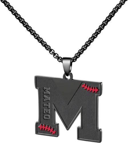 Vista 9 de Ldurian Collar personalizado con nombre de béisbol, cadena negra de acero inoxidable, collar con nombre deportivo, letra A-Z de 24 pulgadas, regalos