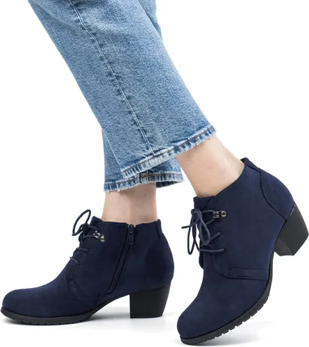 Vista 6 de VJH confort Botines para mujer, con cordones, punta redonda, cómodos, de tacón bajo, con cremallera lateral