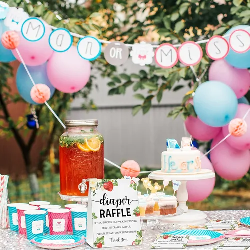 Vista 3 de Juego de baby shower, 50 boletos para rifas de pañales con 1 letrero de pie, suministros de decoración de fiesta de revelación de género de bayas