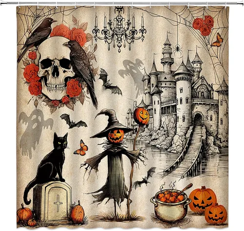 Vista 4 de Cortina de ducha de Halloween, castillo aterrador, calabaza, camión, calavera, murciélago de terror, luna llena, bruja, tela gótica, juego