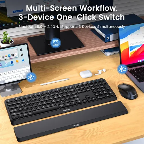 Vista 2 de PHILIPS Combo de teclado y mouse Bluetooth, diseño ergonómico con reposamuñecas para teclado de computadora, conectividad Bluetooth/2.4Ghz de 3