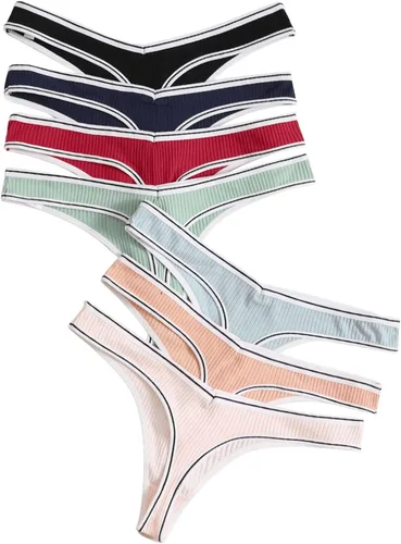 Vista 2 de SweatyRocks Ropa interior para mujer, paquete de 7 tangas de punto acanalado con estampado de letras