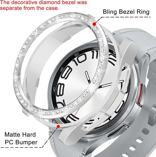 Vista 3 de Funda de reloj 2 en 1 para Samsung Galaxy Watch 6 Classic de 1.850 in (SM-R960), cubierta protectora de policarbonato con anillo bisel de diamantes
