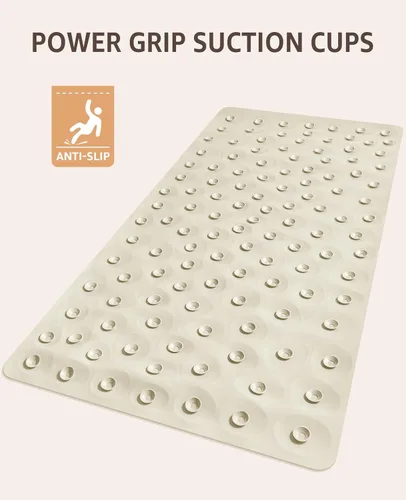Vista 4 de Bligli Tapete para bañera antideslizante, estándar de 16 x 31.5 pulgadas, con ventosas fuertes, goma suave, antideslizante, lavable a máquina, Beige