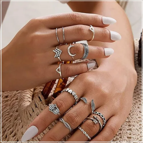 Vista 3 de FAXHION Juego de anillos de cadena punk de plata vintage para hombres mujeres y niñas anillos góticos geniales anillos de dedo de cadena gruesa