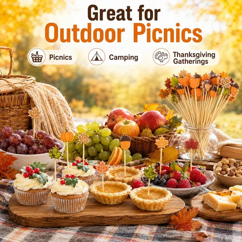 Vista 7 de 100 unidades de púas de cóctel de otoño de 12 cm, hojas, calabazas, bellotas, palillos de dientes decorativos elegantes de bambú, palillos