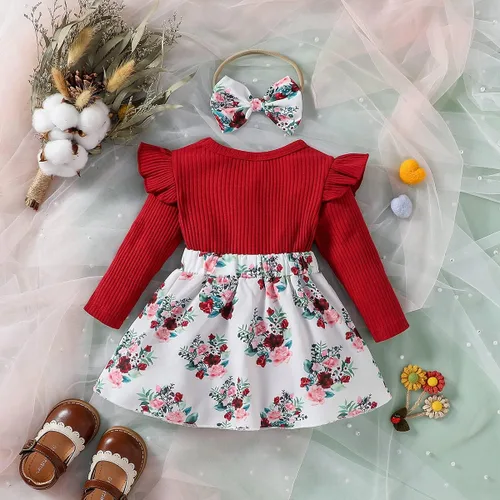 Vista 7 de Haokaini Ropa para bebé niña, vestido de mameluco para recién nacido, manga larga, con volantes, falda floral con tirantes, conjunto de overol