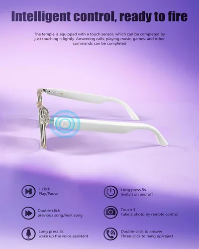 Vista 4 de Lentes inteligentes Bluetooth para hombres y mujeres, con protección UV, micrófono integrado y altavoces de oído abierto, lentes de sol de audio
