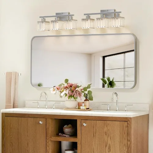 Vista 3 de comzler Lámparas de baño de 3 luces sobre espejo, lámpara de pared de cristal de níquel cepillado con base E26 para espejo, cocina, sala de estar