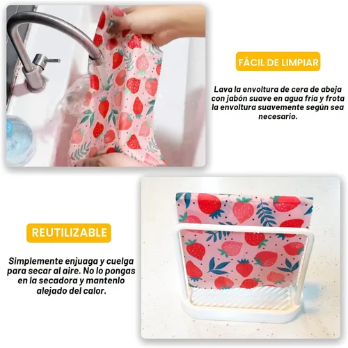 Vista 5 de Envoltura de cera de abeja reutilizable, paquete de 9 envolturas ecológicas de cera de abeja para alimentos, orgánica, sostenible, biodegradable