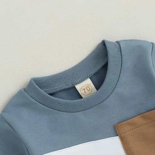 Vista 4 de BeQeuewll Ropa para bebé niño de otoño e invierno, 2 piezas, bloque de color, sudadera y pantalones con cuello redondo