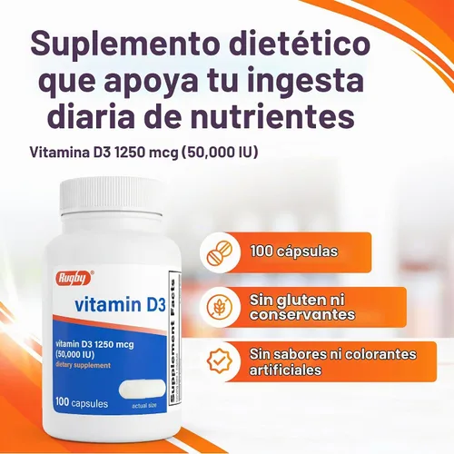 Vista 4 de Rugby Suplemento de vitamina D3 de alta potencia 50,000 UI (1250 mcg), 100