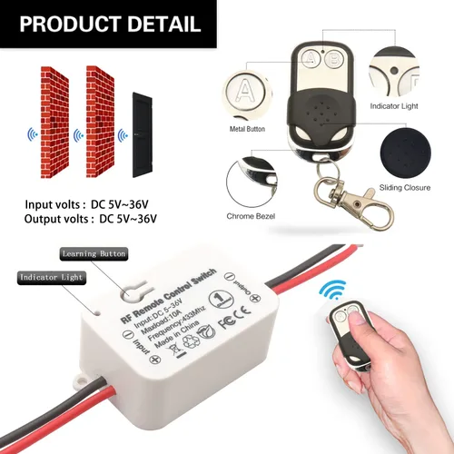 Vista 4 de DieseRC Interruptor de control remoto inalámbrico DC 12V/24V 10A RF Relé receptor con 2 transmisores para luces de techo, lámparas, LED y control