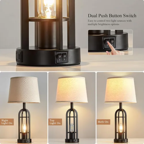 Vista 2 de SRJJA Juego de 2 lámparas de mesa negras para sala de estar, lámparas de granja para mesitas de noche con USB A+C, lámparas de noche