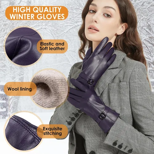 Vista 2 de Guantes de cuero de invierno para mujer, guantes de piel de cordero para pantalla táctil