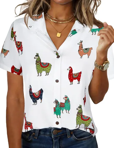 Vista 29 de LILYCHIC Camisas hawaianas de verano con botones de coco para mujer, camisas suaves con botones de manga corta A-hoja floral negra
