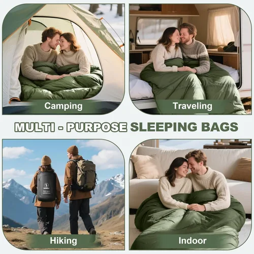 Vista 6 de Saco de dormir doble de franela de 0 grados para adultos, parejas o familia, tamaño Queen de invierno, impermeable y cálido, saco de dormir para 2