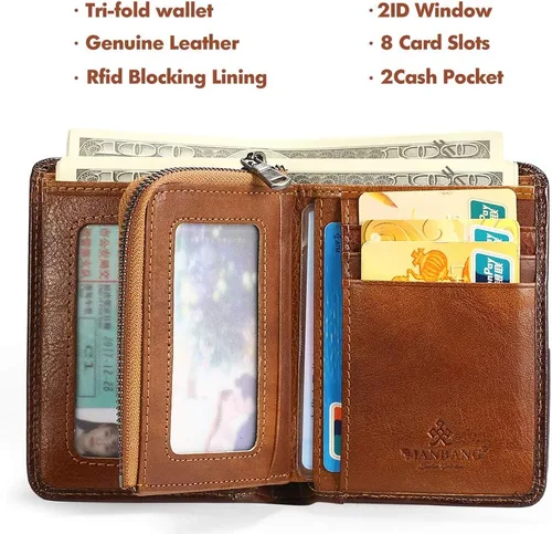 Vista 2 de Billetera para hombre con cremallera de cuero genuino RFID tarjeteros de piel de vaca con cremallera bolsillo para monedas, carteras plegables
