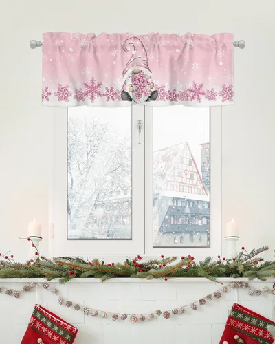 Vista 88 de Cenefa de cortina con lazo rojo de Navidad para ventanas, sala de estar, cocina, baño, granja, bolas de Navidad de acuarela con diseño de bayas