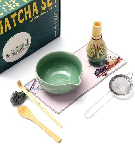 Vista 5 de Accesorio de ceremonia de matcha, batidor de matcha glaseado temmoku, cuchara tradicional (chashaku), cuchara de té, soporte para batidor, 1 tazón