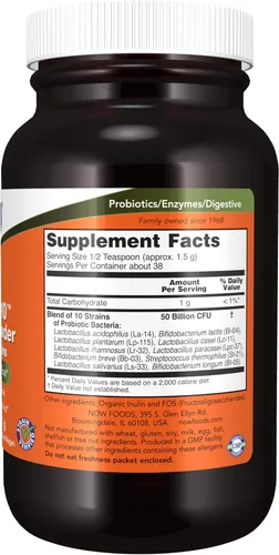 Vista 2 de Suplementos NOW, Probiotic-10™ en polvo, 50 mil millones, con 10 cepas probióticas, cepa verificada, 2 onzas