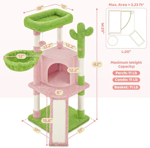 Vista 21 de Yaheetech - Torre de árbol de cactus beige de 42 pulgadas con postes rascadores y condominio