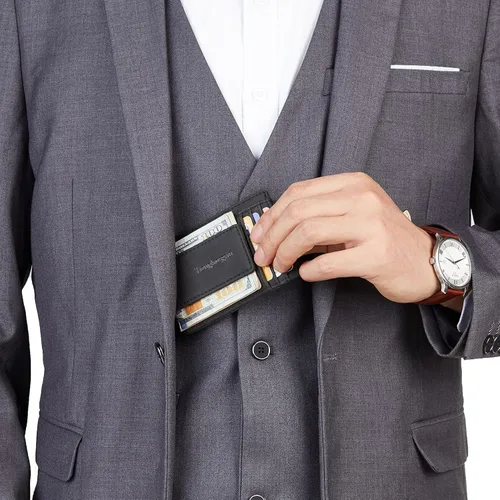 Vista 4 de Cartera minimalista Toughergun para hombres con clip de dinero magnético, cartera de cuero, tarjetero de crédito con bloqueo RFID Negro
