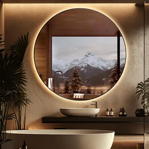 Vista 24 de Espejo de Baño LED Redondo de 24", Espejo de Tocador Retroiluminado Montado en Pared con Marco Biselado de 45°, Espejo Iluminado para Dormitorio