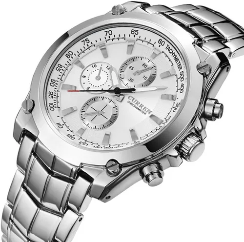 Vista 2 de CURREN Reloj deportivo original de acero inoxidable impermeable para hombre 8025 plateado y blanco, Moderno
