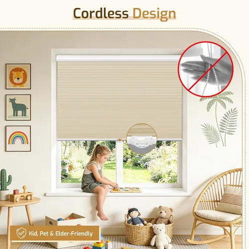 Vista 2 de Grandekor Persianas Opacas de Ventana y Estores Sin Cable con Celdas, Beige-Blanco Pálido, 46x48 pulgadas Honeycomb Shades Create a Darker Room