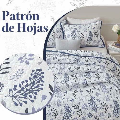 Vista 6 de Juego de edredón botánico tamaño Queen 100% algodón, 3 piezas azul/blanco